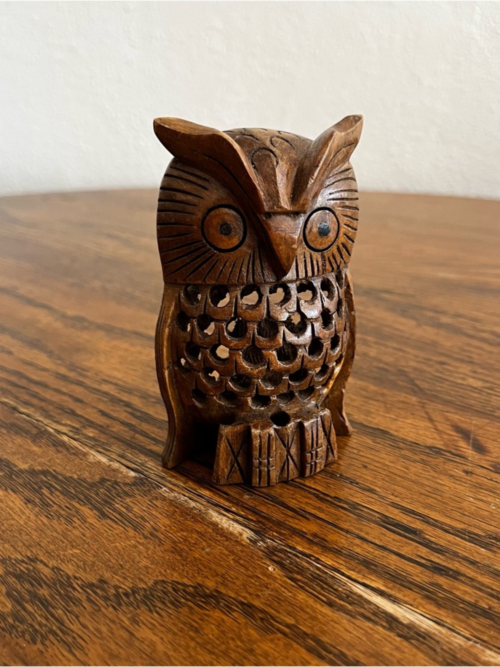 Vintage Hand-Carved Wooden Owl Figurine Lattice Jet Design